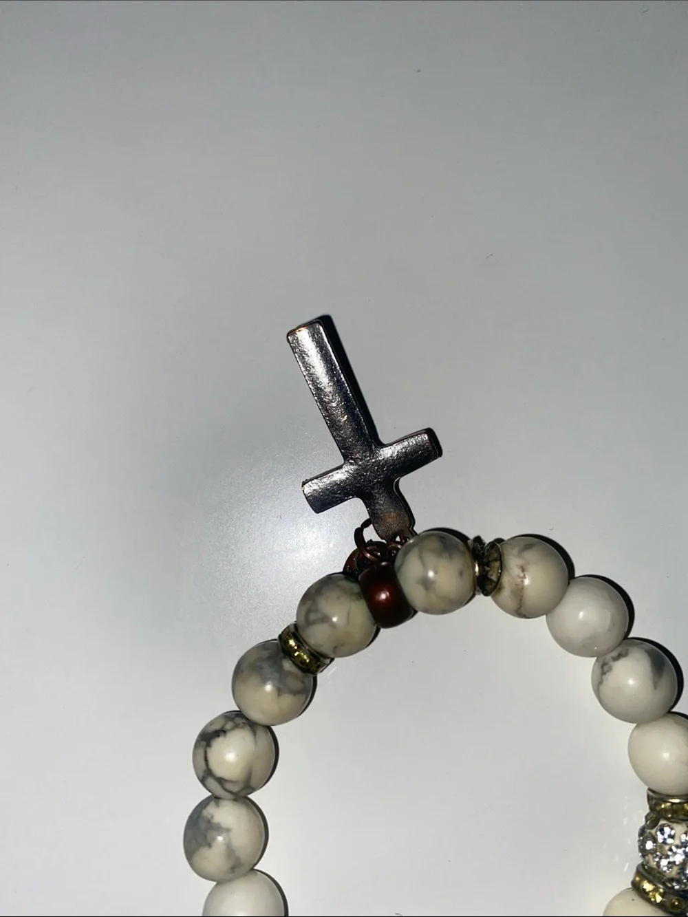 White Howlite Beaded Stretch Bracelet with Crystal Cross Charm